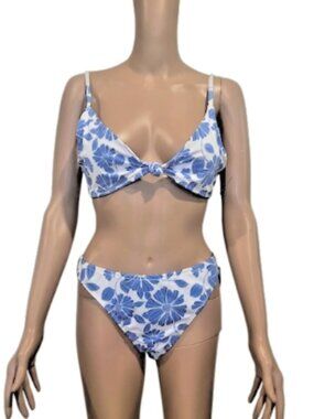 Gap 2pc Swimsuit Size Large Blue on white Floral Knot-Front Top NWT
